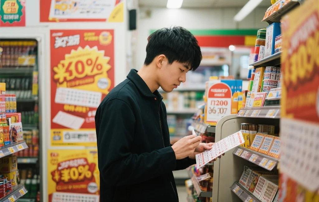 一位年轻男子在便利店内认真挑选彩票,背景中有宣传中奖的海报